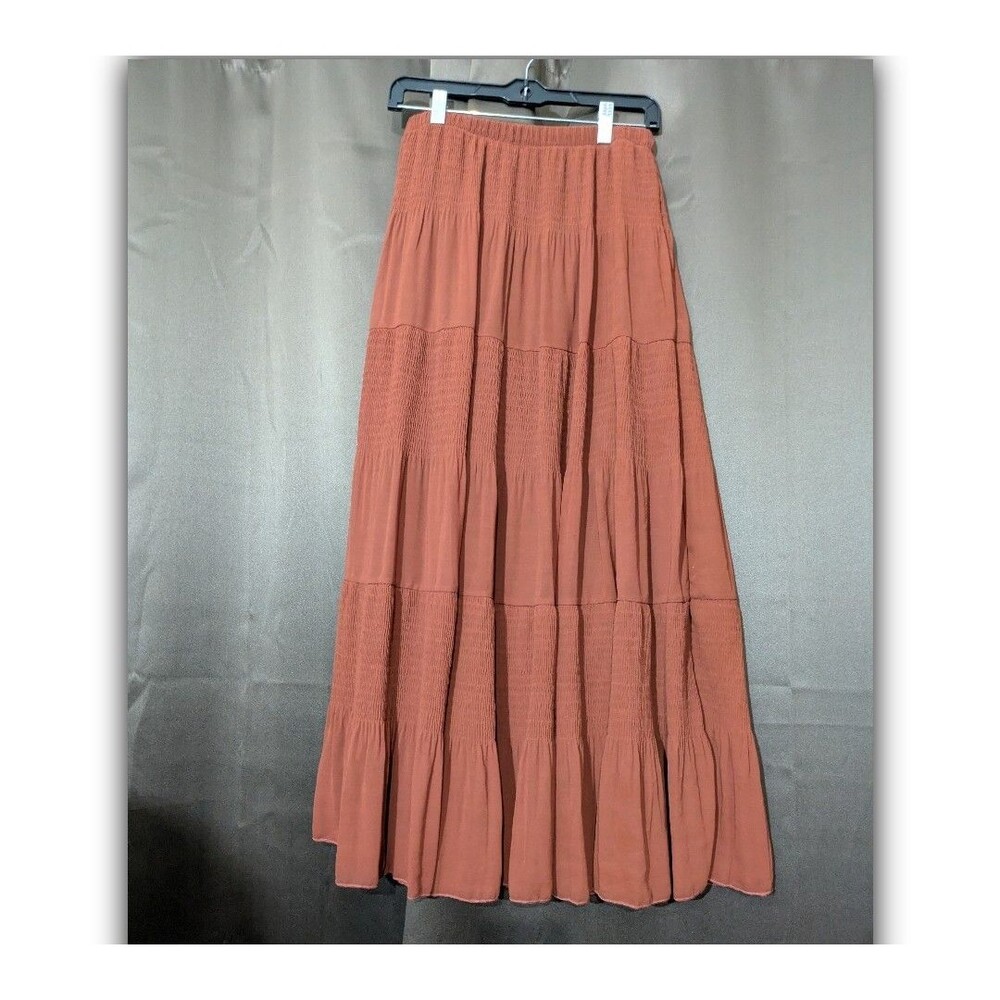 Nashalyly Tiered Crinkle Chiffon Maxi Burnt Orange/Brown Skirt Medium Boho Flowy